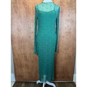 XL Green tank dress with sheer lace overlay long sleeve soft stretchy midi